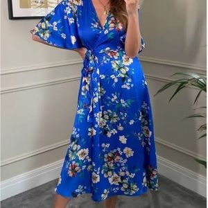 Yumi Floral Satin Midi Wrap Dress US sz 8 UK 12